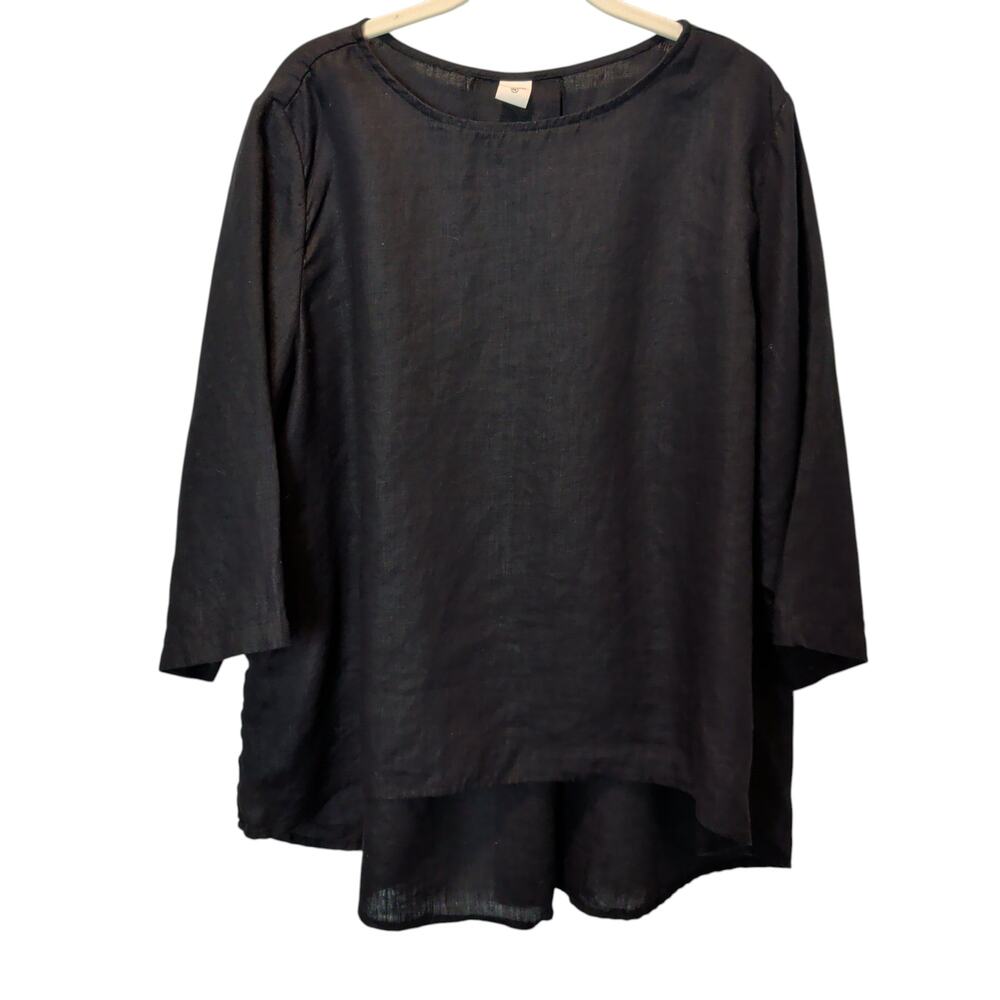 Lintico Women's Sz XXL Black 100% 3/4 Sleeve Linen Swing Top Lagenlook Flowy